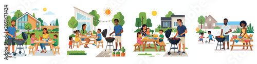 Tableau sur toile Multi-ethnic families enjoying outdoor summer barbecue parties in backyard garde