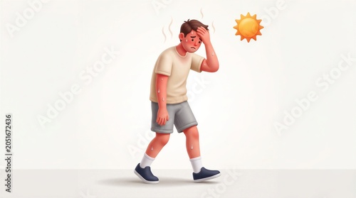 Tired man feels the intense heat of a summer day as he walks outside with sweat dripping down his face.