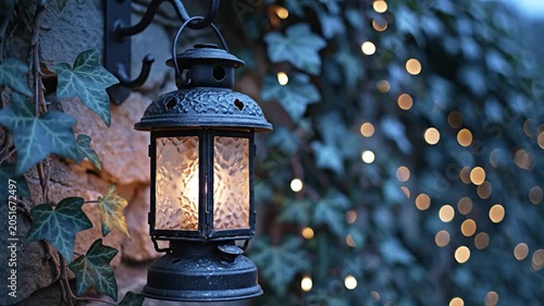 Vintage lantern hanging on an ivy covered stone wall at twilight with bokeh lights in the background