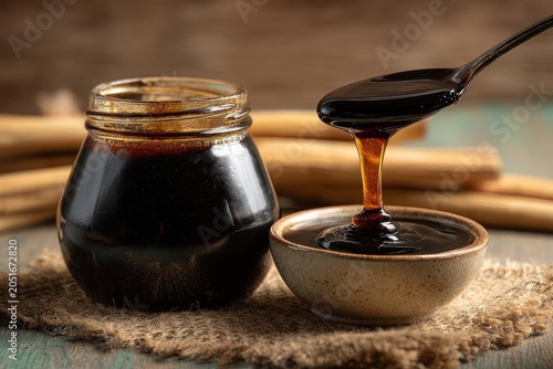 Warm kitchen scene with a glass jar of molasses and amber drizzle
