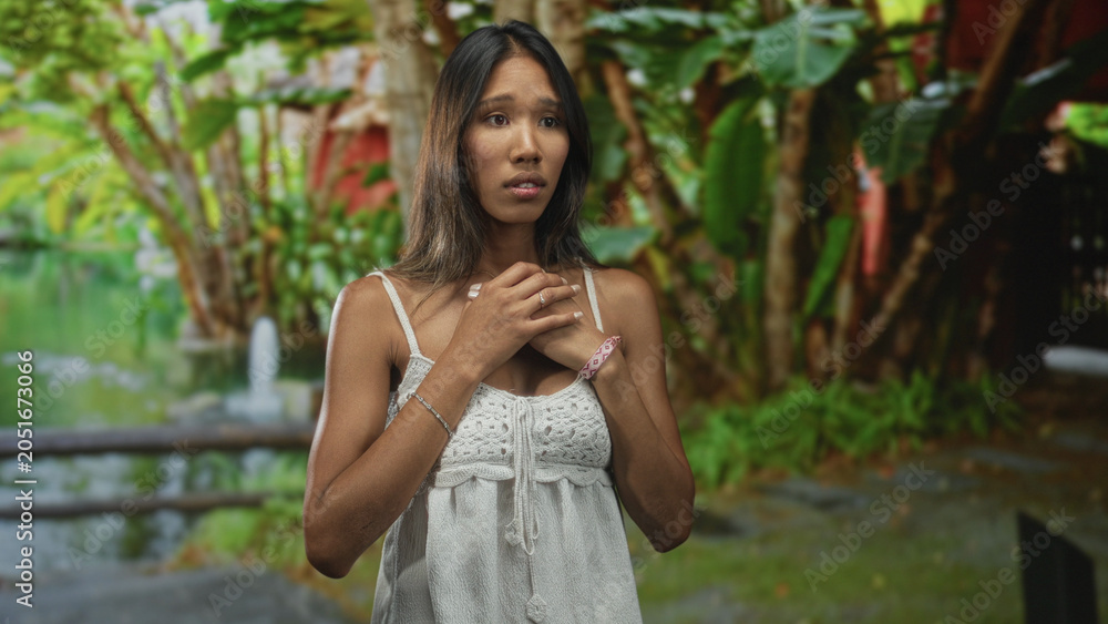 Fototapeta premium Woman clasping hands to chest in a forest wearing a white crochet sundress and bracelets; vulnerability anxiety.