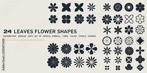 Floral ornament set in geometric style dark shapes on beige background