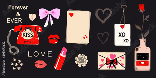 Foto Romantic collage featuring hearts lips and vintage telephone vector illustration