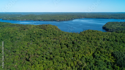 Schilderij op canvas An expansive high-angle drone photograph capturing a massive, unbroken canopy of lush green spring forest hills leading down to the deep blue waters of Lake of Bays under a clear blue horizon