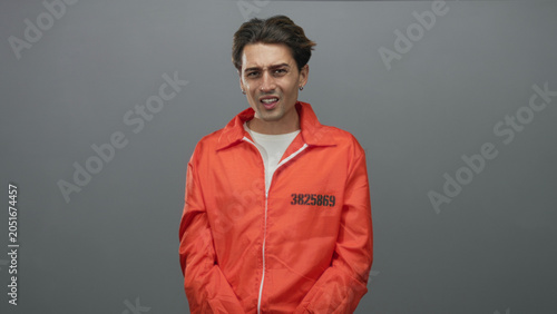 Quadro su tela Man wearing orange prison jumpsuit with printed inmate number and handcuffs, hands cuffed at front in studio; remorse vulnerability