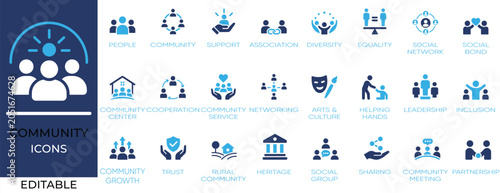 Community Social Network Partnership Diversity Icon Set. Editable vectors for neighborhood charity, teamwork, and social group.