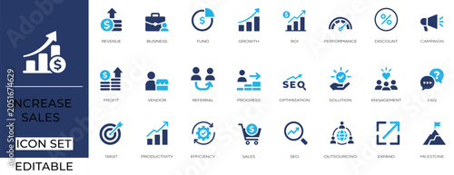 Increase Sales Revenue Growth Business Icon Set. Editable vectors for profit, discount, optimization, and productivity.