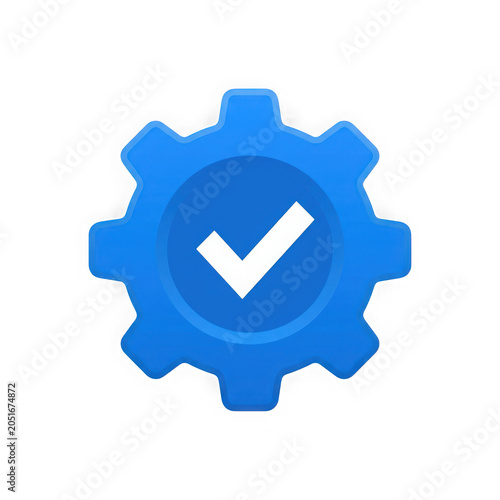 Blue gear icon with check mark symbol for success or approval