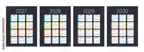 Foto Calendriers français 2027, 2028, 2029, 2030, couleur, vectoriel avec numéros de
