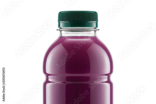 A clear plastic bottle filled with a vibrant purple fruit juice or smoothie, topped with a dark green screw cap, isolated on black background