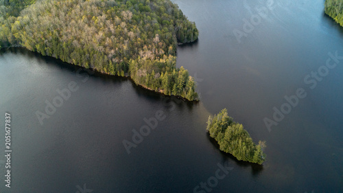A stunning high-angle drone photograph capturing a tiny, isolated tree-covered island sitting just off the tip of a large forested peninsula in the deep, calm waters of Esson Lake in spring.