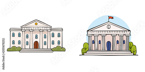 Set of classical government buildings with columns and pediments