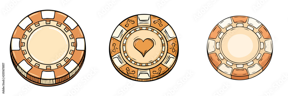 Fototapeta premium Set of poker chips with a heart symbol and decorative patterns for casino games