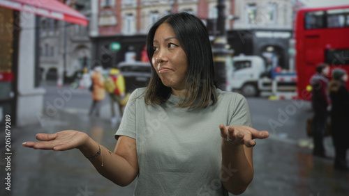 Cuadro en lienzo Woman holds hands out palms up on busy city street near a red double decker bus and wet pavement, shrug gesture; urban uncertainty