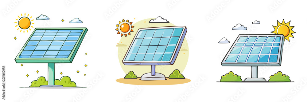 Obraz premium Set of solar panels in sunny outdoor environments with stylized clouds and grass
