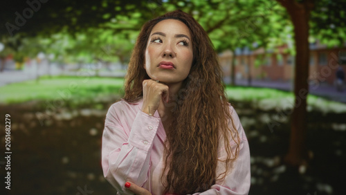 Canvastavla Young woman with long wavy hair and hand on chin looking up in front of a building in a green park; quiet contemplation