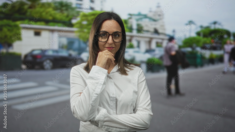 Fototapeta premium Woman in white shirt and glasses, palm up presenting with one hand then hand to chin pensive pose on an urban street crosswalk; thoughtful decision.