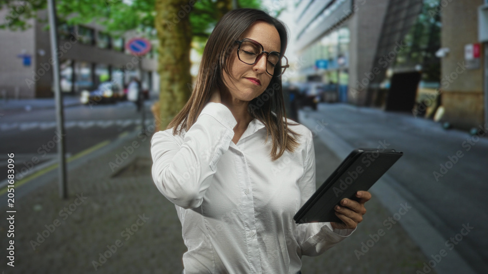 Fototapeta premium Woman holding tablet and touching neck for neckache on city street while reading a screen; discomfort.