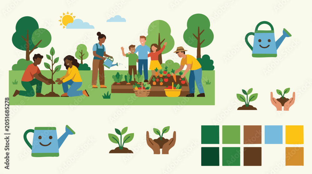 Fototapeta premium Community planting trees and gardening together in a park.