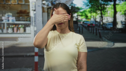 Fotografija Woman shields face with hand while standing on a city street by a shop window in a casual short sleeve shirt; shyness privacy hesitation