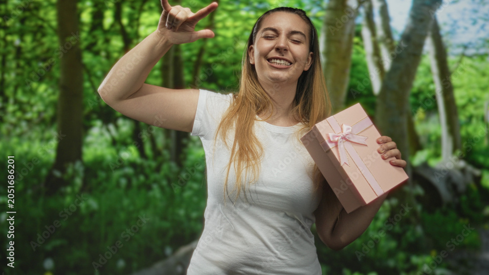 Fototapeta premium Woman holding pink present with bow while making a rock horns gesture and tilting head back in a forest; joyful celebration.