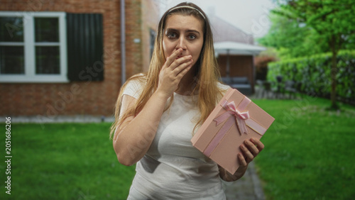 Фотография Woman holding pink gift box with ribbon, hand covering mouth, startled expression in front of building facade and lawn; surprise