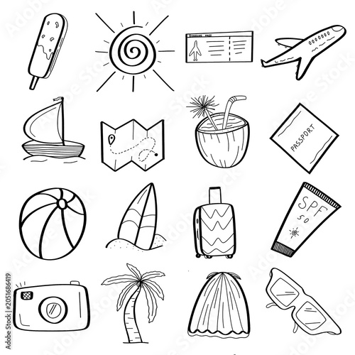 Summer travel and beach vacation doodle icons set. Hand drawn outline elements including airplane, passport, suitcase, sunglasses, camera, and cocktail isolated on white background.