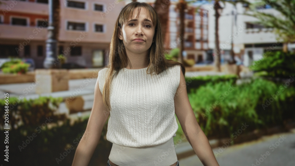 Fototapeta premium Young woman shrugs shoulders on a sunny street with palm trees and apartment buildings in view; resignation.