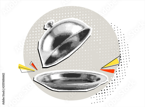 Trendy Halftone Collage with open lid and an empty plate - restaurant serving of dish with cloche. Modern collage style. Vector illustration
