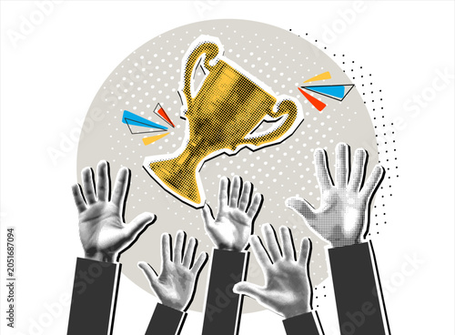 Trendy Halftone Collage with Hands with trophy cup. Fighting for a winning trophy. Victory concept. Modern collage style. Vector illustration