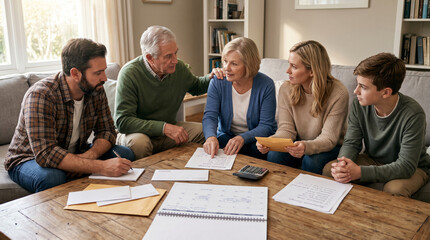 Multigenerational Family Money Planning Meeting In Living Room