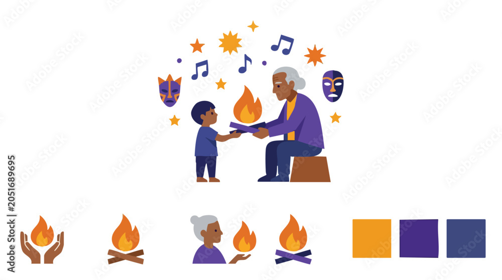Fototapeta premium Elderly man passing knowledge to young boy by campfire.