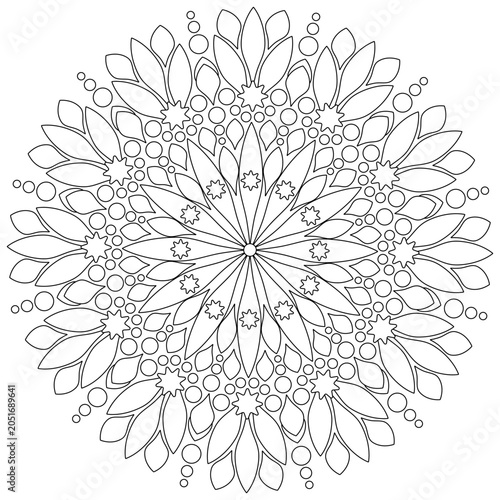 Symmetrical composition. Anti-stress relaxing activity. Black outline on a white background. Mandala. Vector illustration for coloring book.
