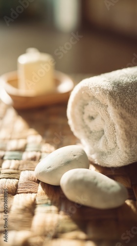 A serene spa still life with a rolled towel, smooth river stones, and a glowing candle on a woven surface. Warm light creates a tranquil, comforting wellness atmosphere.