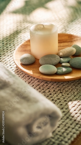 A serene spa still life with a glowing ivory candle, river stones, and a rolled towel. Warm light and textured details capture a tranquil relaxation ritual.