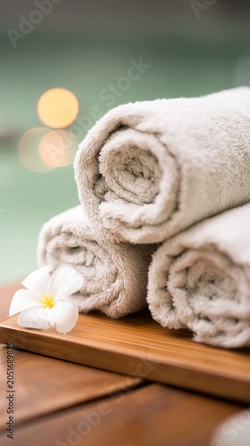 Ivory towels and a white plumeria flower create a tranquil spa still life. Warm candlelight and soft water reflections evoke luxury and serene relaxation.