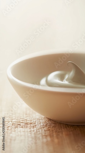 Smooth clay swirled in a ceramic bowl with earthy neutrals. Soft side lighting highlights delicate textures in this refined spa-inspired still life image.