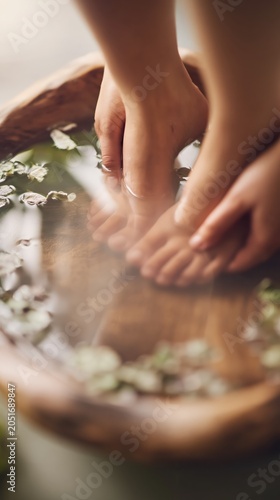 Gentle hands support feet in a wooden bowl filled with warm water and petals. The serene spa ritual radiates calm, relaxation, and natural wellness care.