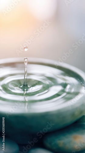 A single water droplet creates soft ripples in a smooth stone bowl. Cool mineral tones and warm light evoke a serene spa and meditative ambiance.