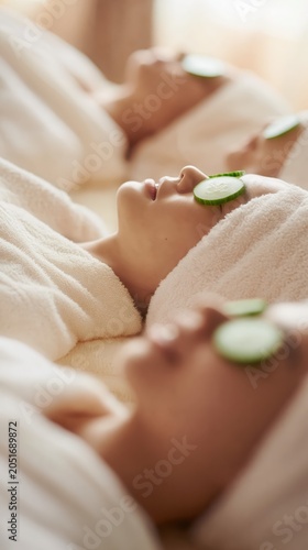Three women enjoy a tranquil spa lounge moment in plush white robes with cucumber slices on their eyes. Soft natural light and creamy textiles evoke luxury and relaxation.