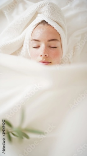 A serene minimalist wellness portrait featuring a relaxed face wrapped in soft white towels. Calm, freshness, and gentle skincare textures evoke tranquility and renewal.