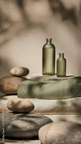 Serene wellness composition with moss linen towels, rounded stones, and matte glass bottles. Soft lighting and natural textures evoke balance, tranquility, and understated luxury.