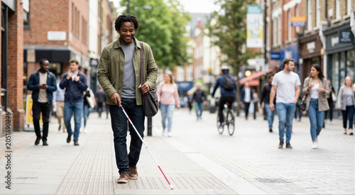 Confident blind Black man walking down a city street with a white cane. Smiling visually impaired male pedestrian navigating an urban environment. Independence and mobility