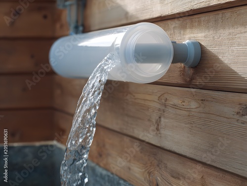 Close up of clean water flowing into modern residential rainwater filtration tank system, sustainable eco friendly home utility and environmental conservation concept
