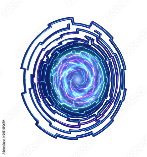 Glowing blue-purple energy vortex portal with concentric circuit-like rings, a futuristic sci‐fi teleportation gateway illustration
