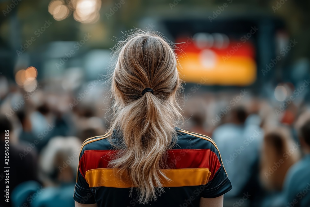 Naklejka premium Female soccer fan wearing Germany national team jersey watching game on big screen at outdoor public viewing event