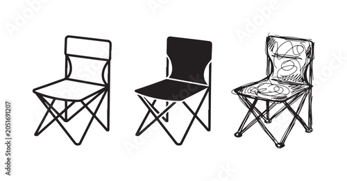 Fotografía Folding Camping Chair Icons in Outline, Solid, and Sketch Styles