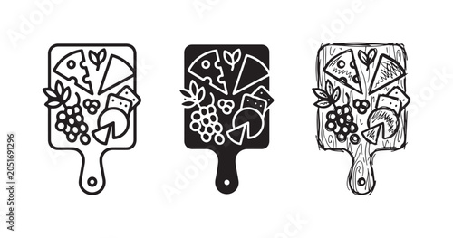 Obraz na płótnie Cheese Board Platter Icon Set: Outline, Solid Silhouette, and Hand-Drawn Sketch