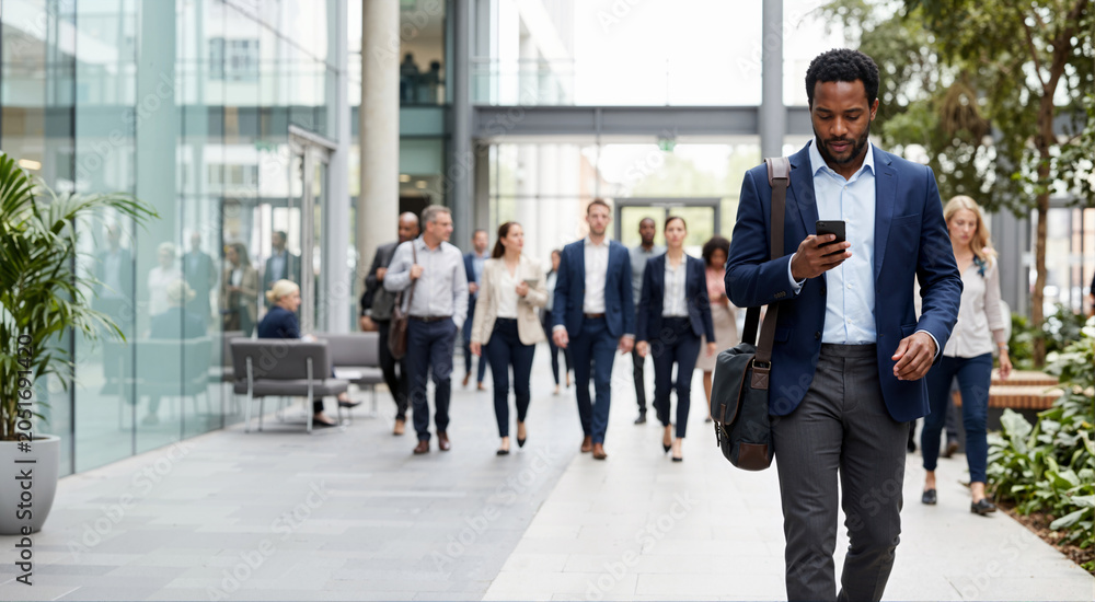 Fototapeta premium Distracted Black businessman walking and using a smartphone in a busy corporate lobby. Professional man texting on mobile phone in a modern office building atrium