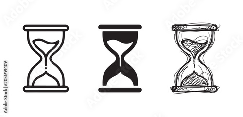 Three versions of an hourglass icon, representing time in outline, solid silhouette, and artistic hand-drawn sketch styles.